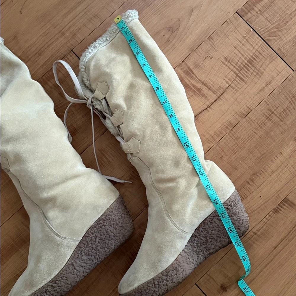 Michael Kors Genuine Suede Sherpa Lined Cozy Beige Tan Platform Wedge Boots